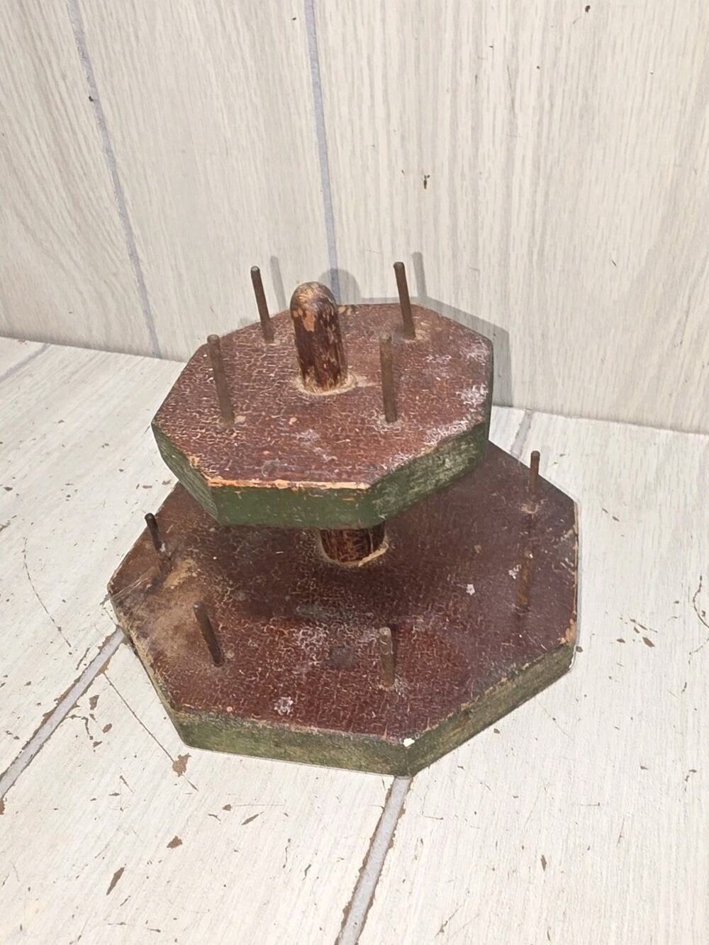 Antique Primitive 12 Thread Spool Holder Two Tier Wood Sewing Caddy Crafting